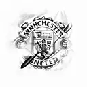 manchester United logo with the devil stabbing the logo with a pitchfork tattoo design idea