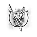 manchester United logo with the devil stabbing the logo with a pitchfork tattoo design idea