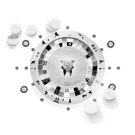 A dotwork design showcasing a mafia-themed roulette table, with cars racing around the edge and piles of cash as the winning prizes. tattoo design idea