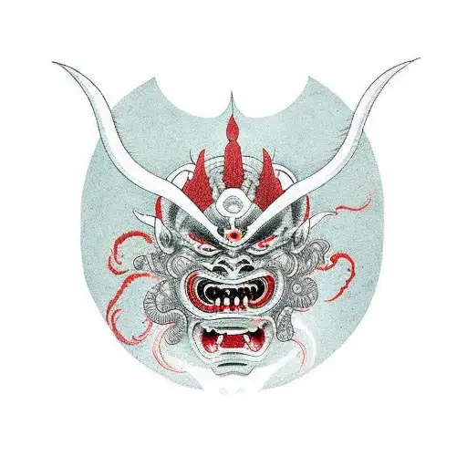 A Japanese mask of an "Oni" demon coming out of a tarot card tattoo design idea