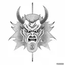 A Japanese mask of an "Oni" demon coming out of a tarot card tattoo design idea