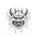 A Japanese mask of an "Oni" demon coming out of a tarot card tattoo design idea