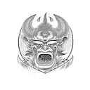 A Japanese mask of an "Oni" demon coming out of a tarot card tattoo design idea