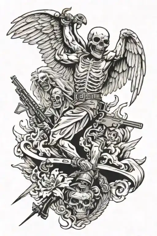 heaven vs hell zombies angels guns tattoo design idea