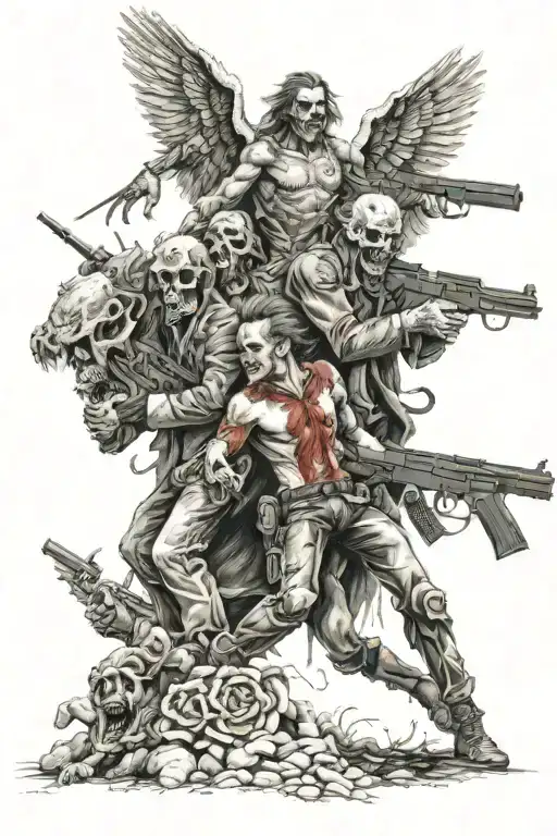 heaven vs hell zombies angels guns tattoo design idea