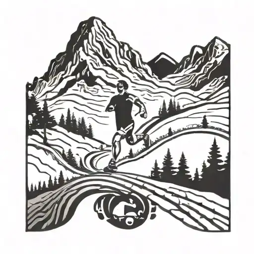 A minimalist tattoo of a running figure at the start of a winding trail with elements of a heartbeat line transitioning into the trail, incorporating nature elements like trees or mountain peaks. Suitable for wrist or ankle placement. tattoo design idea