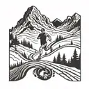 A minimalist tattoo of a running figure at the start of a winding trail with elements of a heartbeat line transitioning into the trail, incorporating nature elements like trees or mountain peaks. Suitable for wrist or ankle placement. tattoo design idea