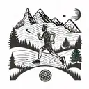 A minimalist tattoo of a running figure at the start of a winding trail with elements of a heartbeat line transitioning into the trail, incorporating nature elements like trees or mountain peaks. Suitable for wrist or ankle placement. tattoo design idea