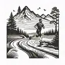A minimalist tattoo of a running figure at the start of a winding trail with elements of a heartbeat line transitioning into the trail, incorporating nature elements like trees or mountain peaks. Suitable for wrist or ankle placement. tattoo design idea