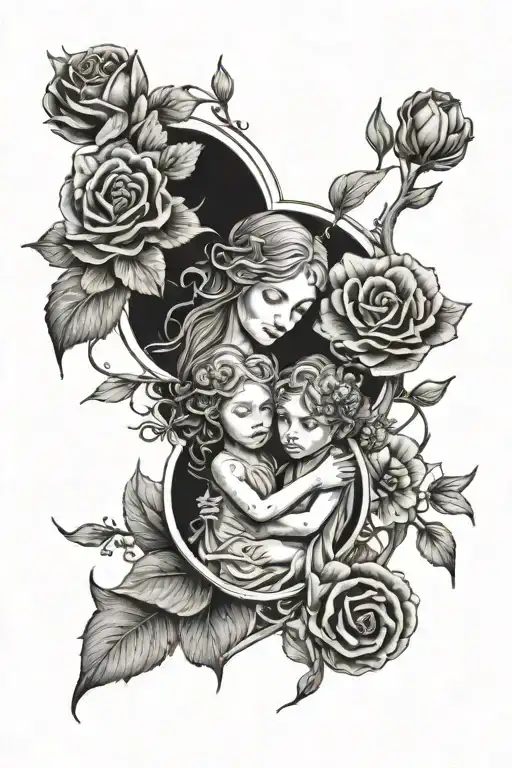 Fine line tattoo, Mother Nature, flowers, lord of the rings, two babies tattoo design idea