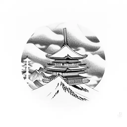 japenese temple with mount fuji in background tattoo design idea