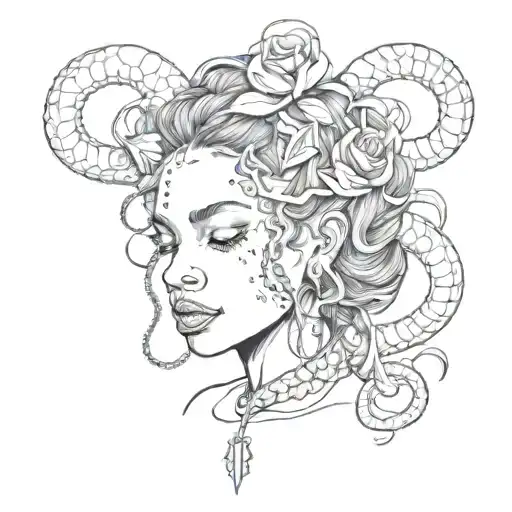 black women with devil horns, and snake wrapped loosely around her with hearts all around her tattoo design idea