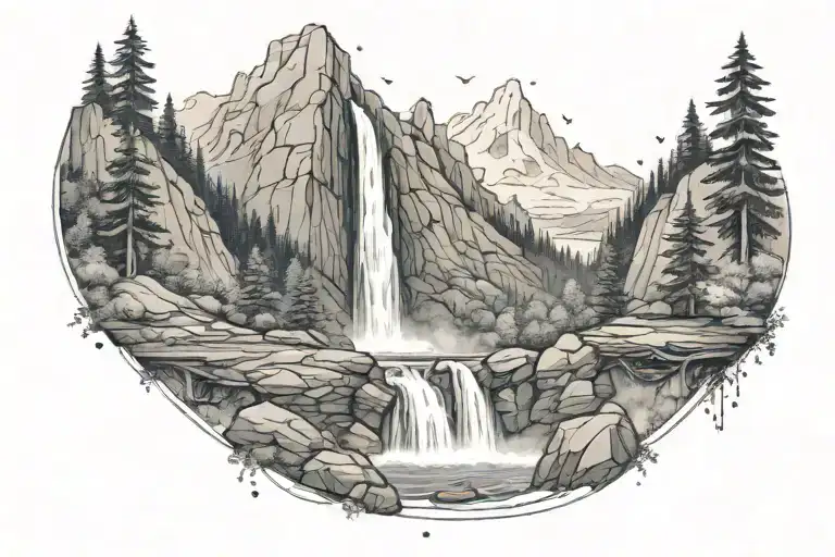 A serene mountain landscape with a majestic waterfall cascading down, with a family of three sitting and a cross   tattoo design idea