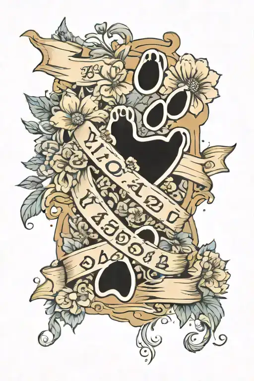 A full arm sleeve tattoo that contains the date 10/04/21 with a babies foot print, and two dog paw prints. tattoo design idea