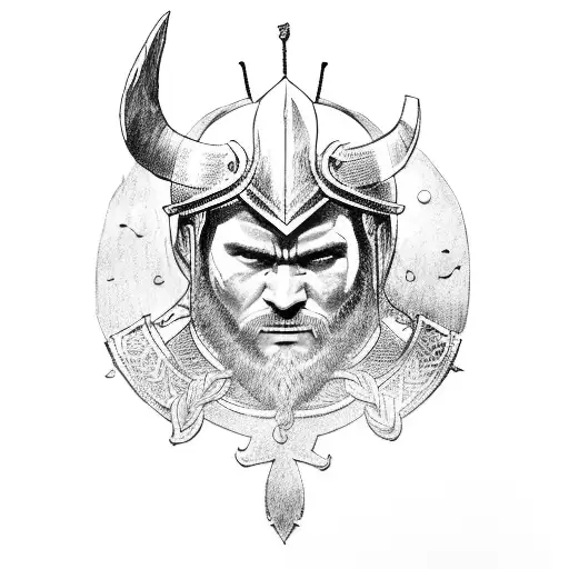 A fierce Viking warrior with a raven as his companion, wearing a suit of armor adorned with symbols of gods. tattoo design idea