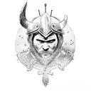 A fierce Viking warrior with a raven as his companion, wearing a suit of armor adorned with symbols of gods. tattoo design idea