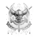 A fierce Viking warrior with a raven as his companion, wearing a suit of armor adorned with symbols of gods. tattoo design idea