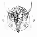 A fierce Viking warrior with a raven as his companion, wearing a suit of armor adorned with symbols of gods. tattoo design idea