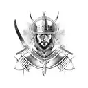 A fierce Viking warrior with a raven as his companion, wearing a suit of armor adorned with symbols of gods. tattoo design idea