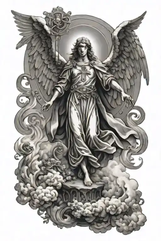 Archangel Gabriel descending from the sky surrounded by light, overlooking 3 crosses, the middle one emitting light tattoo design idea
