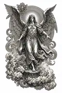 Archangel Gabriel descending from the sky surrounded by light, overlooking 3 crosses, the middle one emitting light tattoo design idea