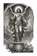 Archangel Gabriel descending from the sky surrounded by light, overlooking 3 crosses, the middle one emitting light tattoo design idea