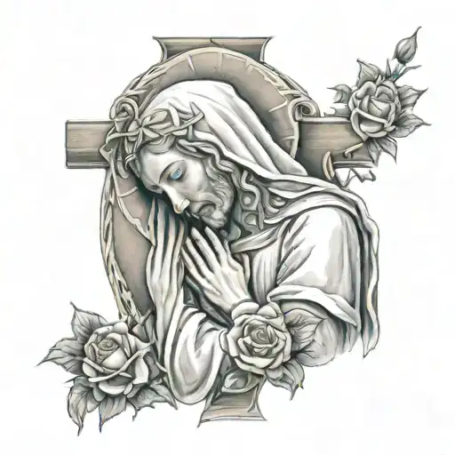 Mary crying with Jesus cross and rose surrounded tattoo design idea