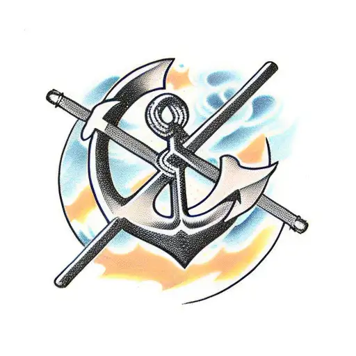 anchor with crossed hockey sticks connected to each other tattoo design idea