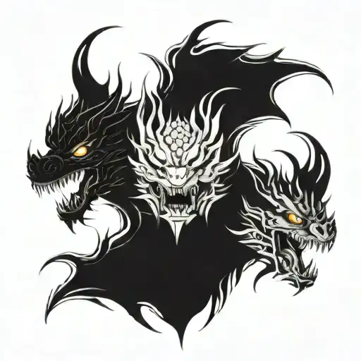 angry dragon, 3 heads, fire in nose tattoo design idea