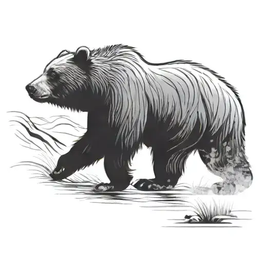 Bear silhouette walking, looking in the left, black and white  tattoo design idea
