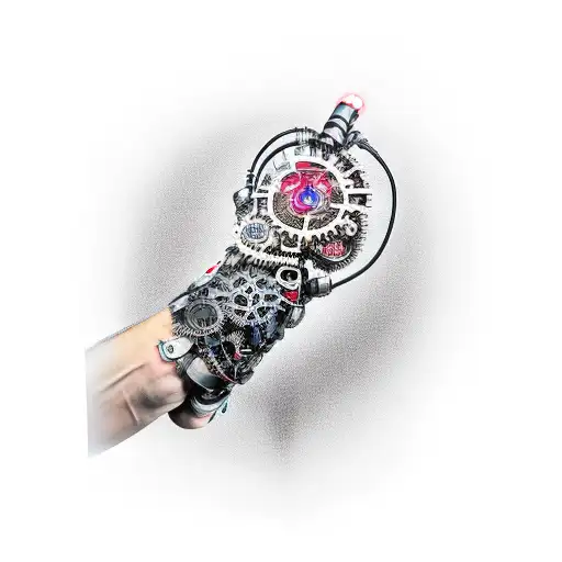 A robotic arm holding a glowing techno heart, surrounded by gears and wires tattoo design idea