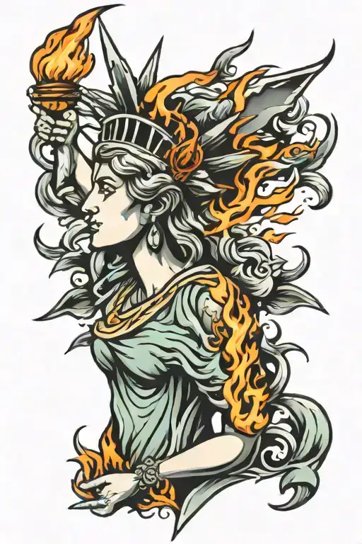 lady liberty fire flames tattoo design idea