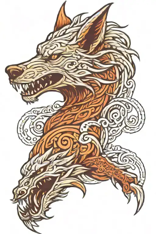 Fenrir wolf going up forearm sleeve tattoo with Jormungandr coming down from shoulder jaws open at each other at elbow tattoo design idea