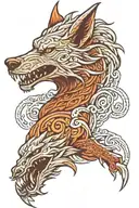 Fenrir wolf going up forearm sleeve tattoo with Jormungandr coming down from shoulder jaws open at each other at elbow tattoo design idea
