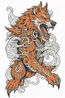 Fenrir wolf going up forearm sleeve tattoo with Jormungandr coming down from shoulder jaws open at each other at elbow tattoo design idea