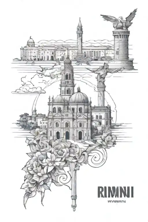 Create a detailed tattoo design for the shoulder and arm that blends the iconic landmarks of Rimini, Italy. Include the  tattoo design idea