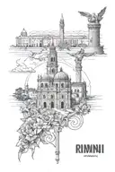 Create a detailed tattoo design for the shoulder and arm that blends the iconic landmarks of Rimini, Italy. Include the  tattoo design idea