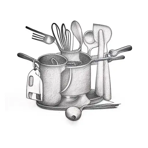 An abstract tattoo of various kitchen utensils intertwined with herbs and spices, representing the art of cooking tattoo design idea
