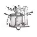 An abstract tattoo of various kitchen utensils intertwined with herbs and spices, representing the art of cooking tattoo design idea