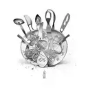 An abstract tattoo of various kitchen utensils intertwined with herbs and spices, representing the art of cooking tattoo design idea