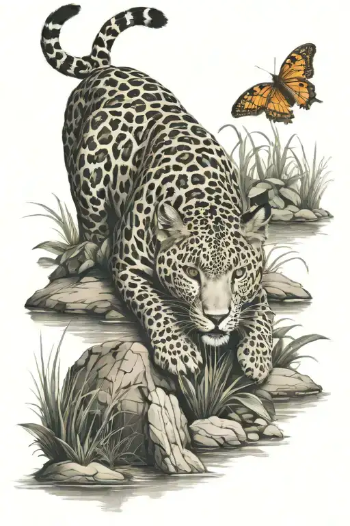 leopard surrounded by safari river flowing tattoo design idea