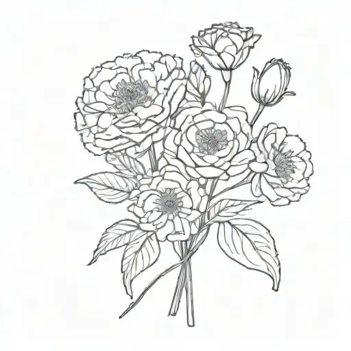 tiny, cartoon-like bouquet of five flowers: one carnation, one daisy, one hydrangea, two tulips. small and minimal tattoo design idea