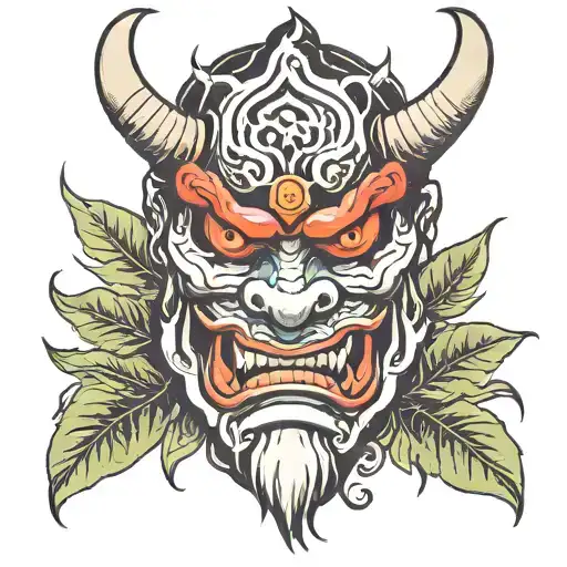 Oni mask with Pot leafs tattoo design idea