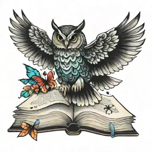 A magical owl flying out of an open book, with pages turning into colorful butterflies, symbolizing the client's passion for literature and fantasy tattoo design idea