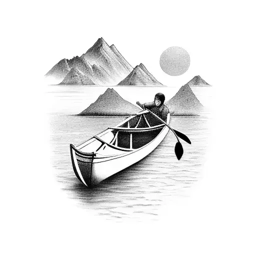 a grandson and a grandfather in a canoe, a mountain and the process of acceptance over time tattoo design idea