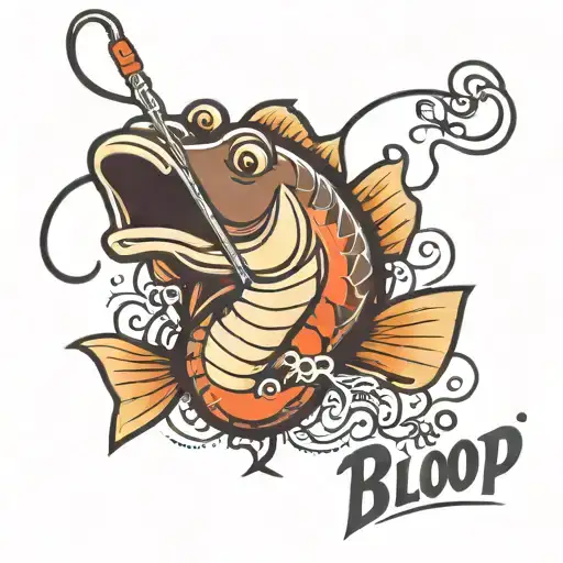 fishing line and hook with text that says Bloop Bloop! tattoo design idea