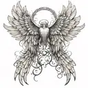 Majestic Angel wings that start to have some damage and rays of light midway expanding out with a hint of corruption  tattoo design idea