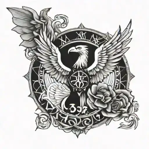 sun with Aries zodiac sign and eagle also with 25 as roman number and heart shape tattoo design idea