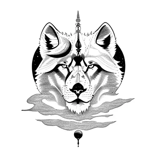 strength tarot card with lion and white husky and moons tattoo design idea