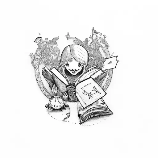 alice in wonderland reading a book tattoo design idea